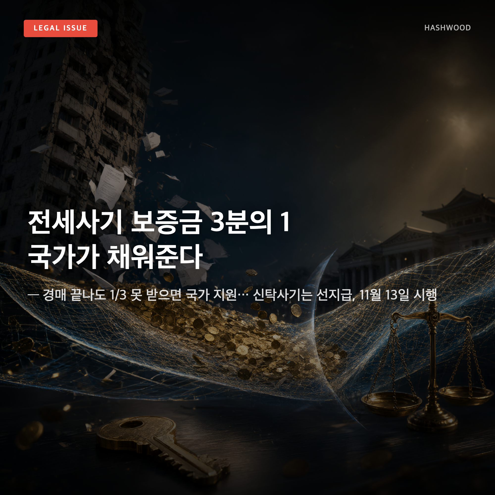 그림: 전세사기 보증금 3분의 1 국가가 채워준다 — — 경매 끝나도 1/3 못 받으면 국가 지원… 신탁사기는 선지급, 11월 13일 시행