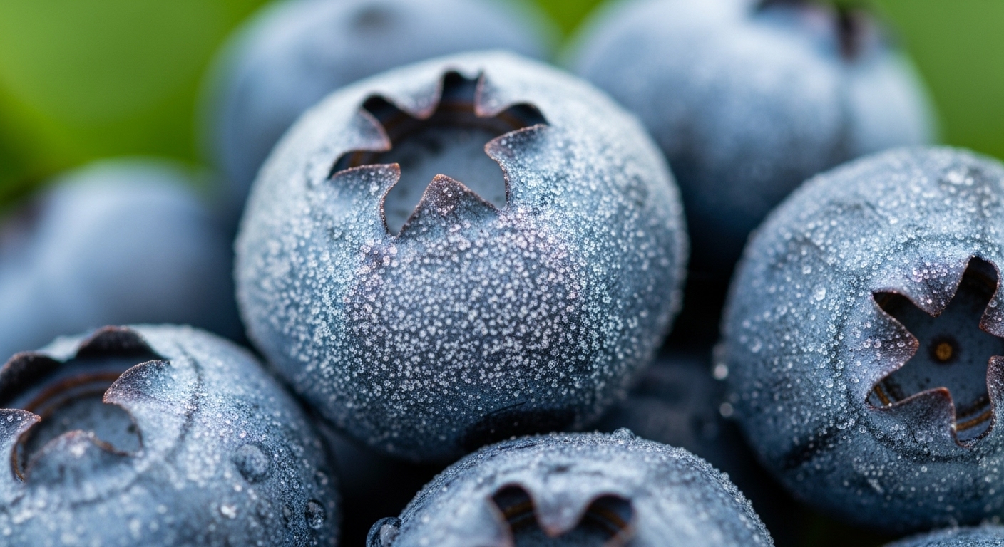 싱싱한 블루베리 표면의 하얀 과분(프루이나)을 강조한 클로즈업 사진