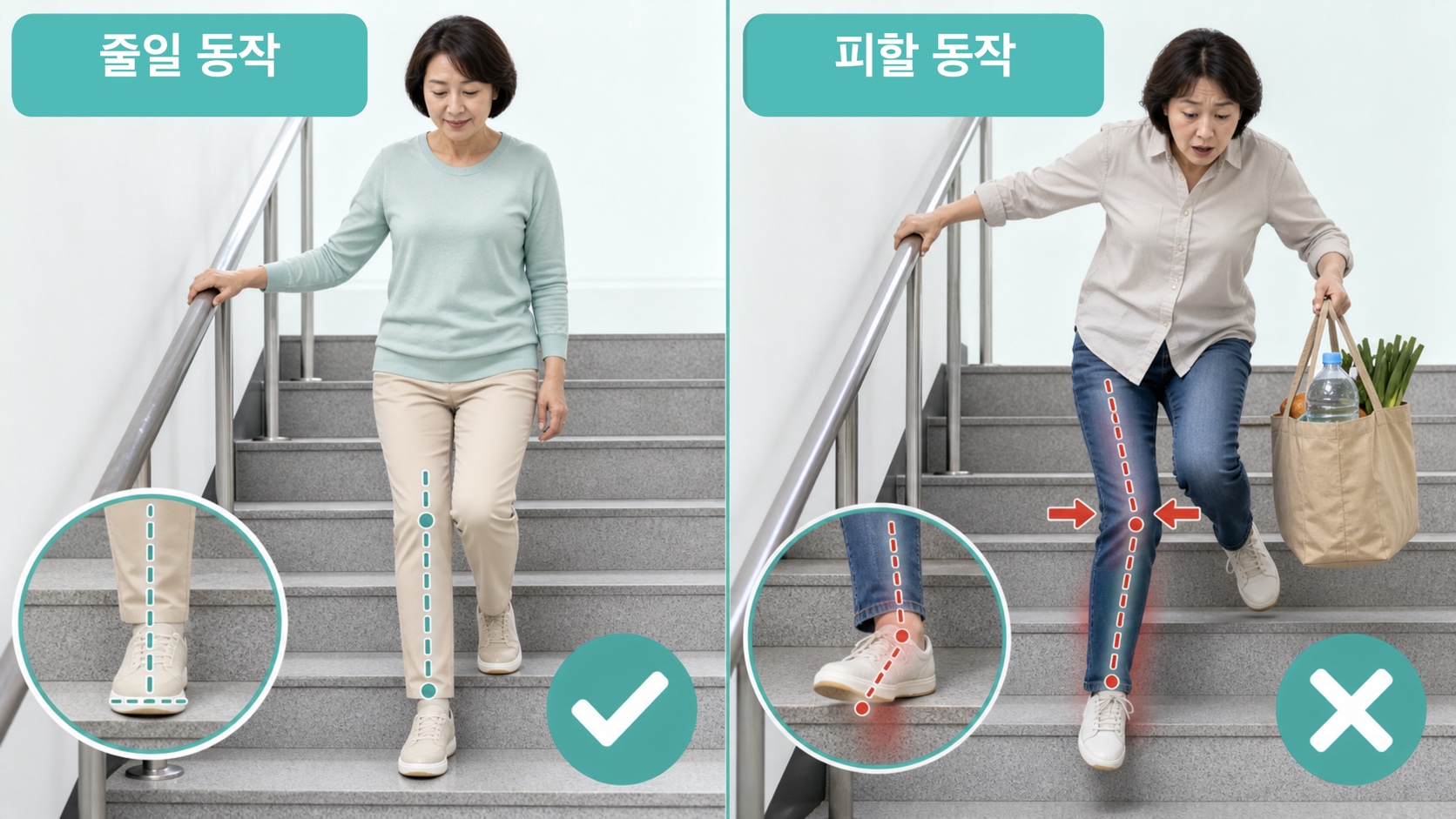 계단 내려갈 때 무릎 통증을 줄이는 동작과 피해야 할 동작 비교
