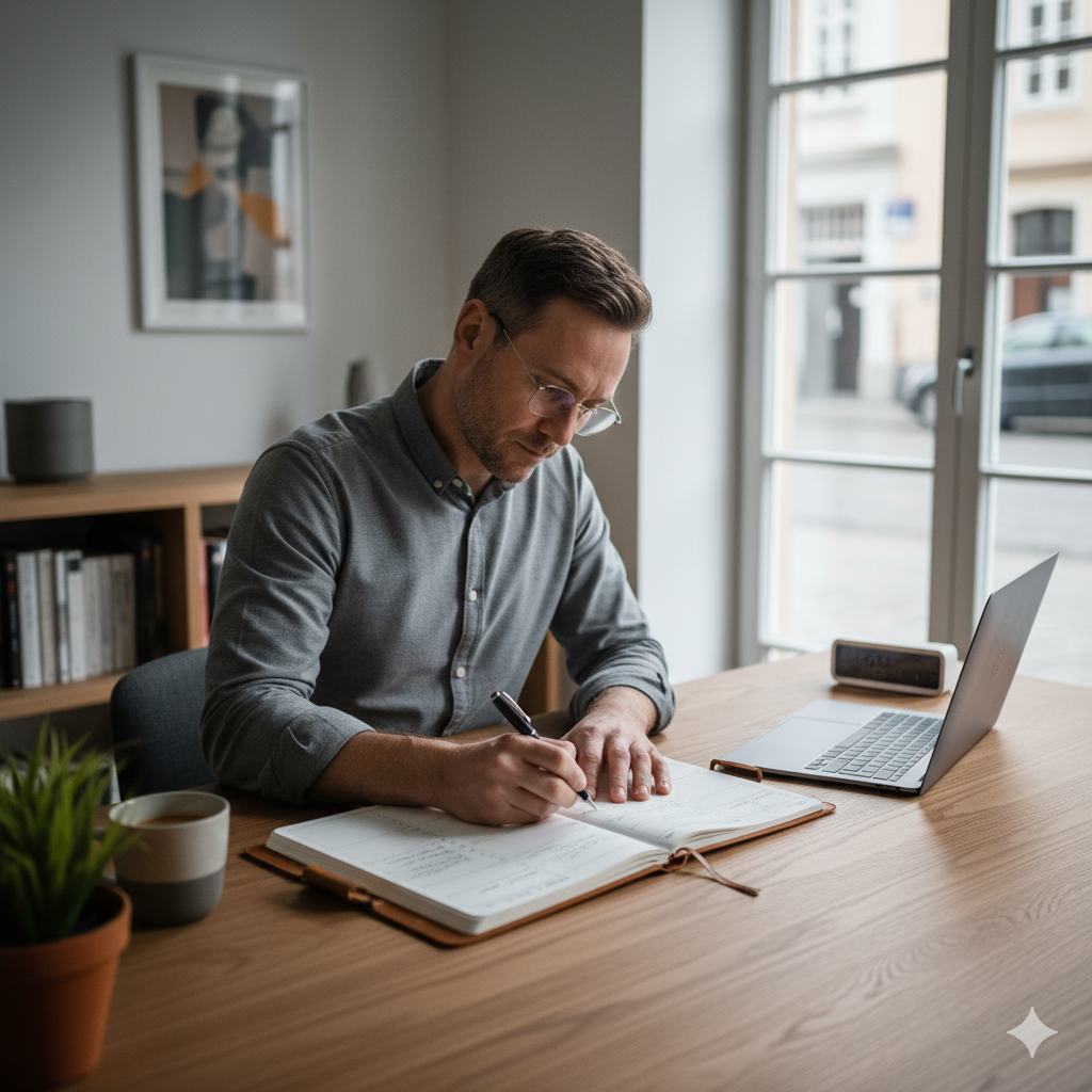 책상 위에 열려 있는 자기관리노트에 하루의 목표와 실행 기록을 적는 모습, 꾸준한 루틴과 성장의 상징(이미지 생성:google)