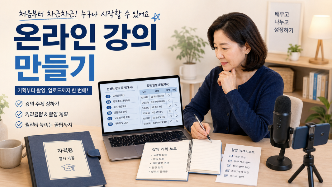 온라인 강의 만들기와 자격증 경험을 콘텐츠로 바꾸는 과정을 준비하는 중장년 모습