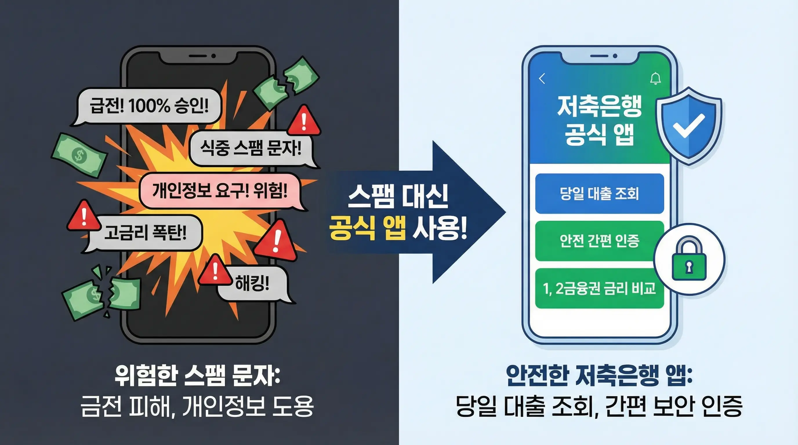 위험한 스팸 문자 대신 안전한 저축은행 앱을 통해 당일 대출을 조회하는 인포그래픽