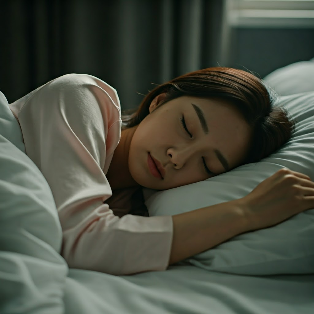 왼쪽으로 누워서 수면하는 여성 사진