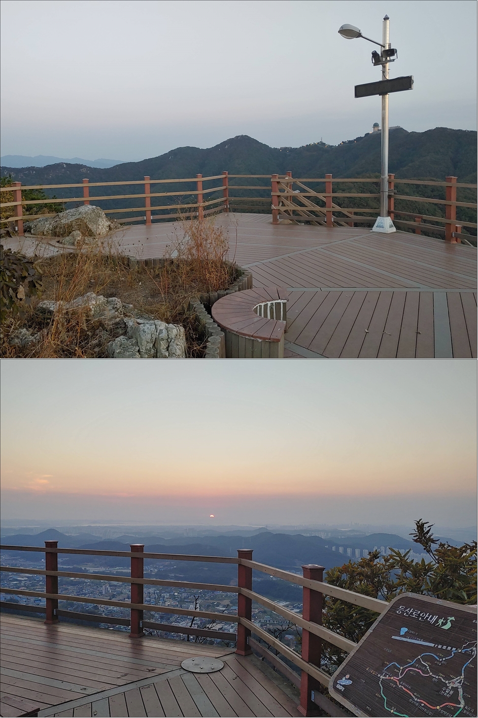 수암봉정상에는-나무데크가-설치되어있고-중간에는-화단과-데크-끝에는-공원의자가-설치되어있다-저멀리-있는-산에는-천문관측소같은-건축물이-보이며-저녁노을이지며-산을-넘어가는-해를-배경으로-안산시가-깔려져있다