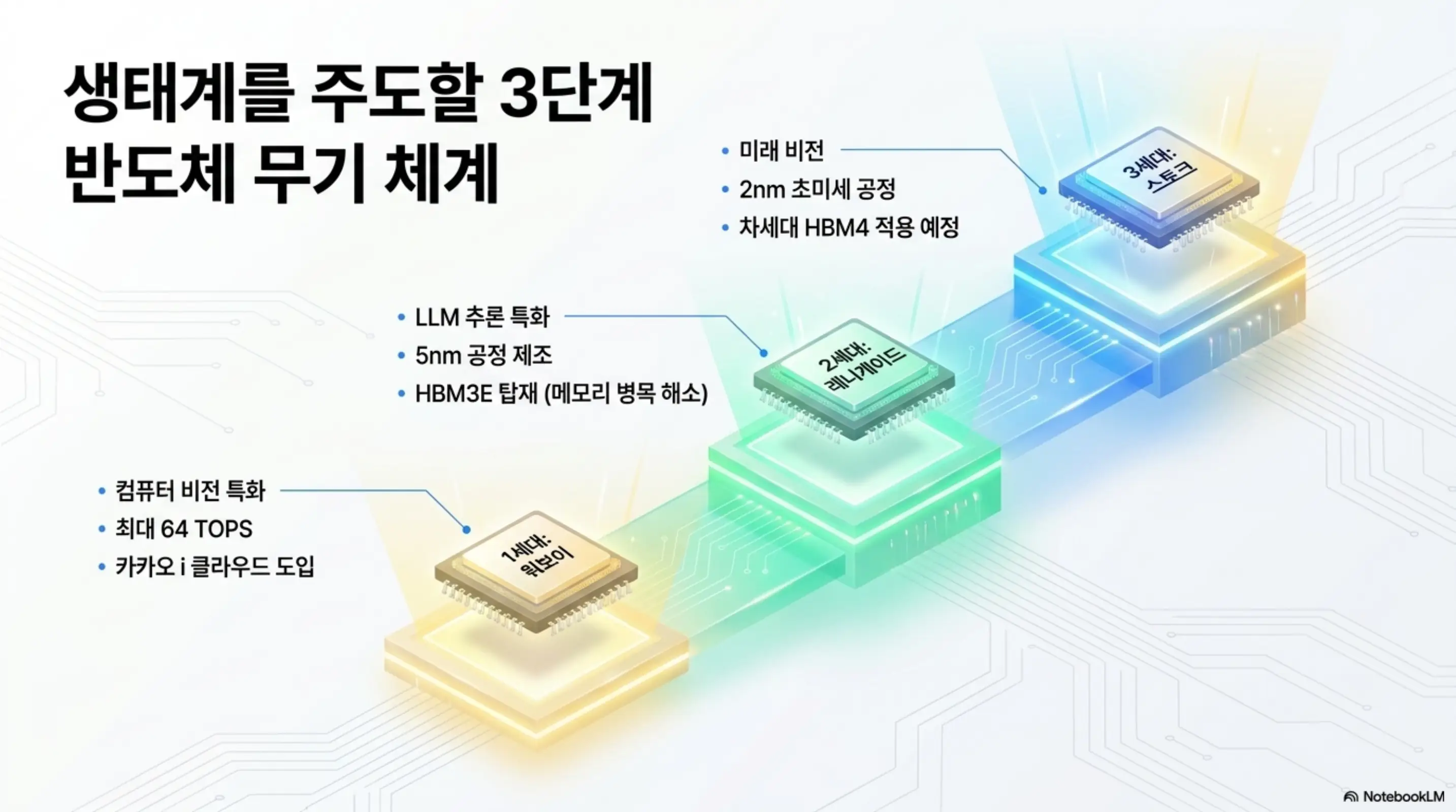 퓨리오사AI의 NPU 3세대 제품 로드맵을 계단형 구조로 시각화한 인포그래픽. 1세대 워보이의 컴퓨터 비전 특화부터 2세대 레니게이드의 LLM 추론과 HBM3E 탑재 그리고 3세대 스토크의 2nm 공정과 HBM4 적용 예정까지 단계별 기술 진화를 보여주는 이미지 