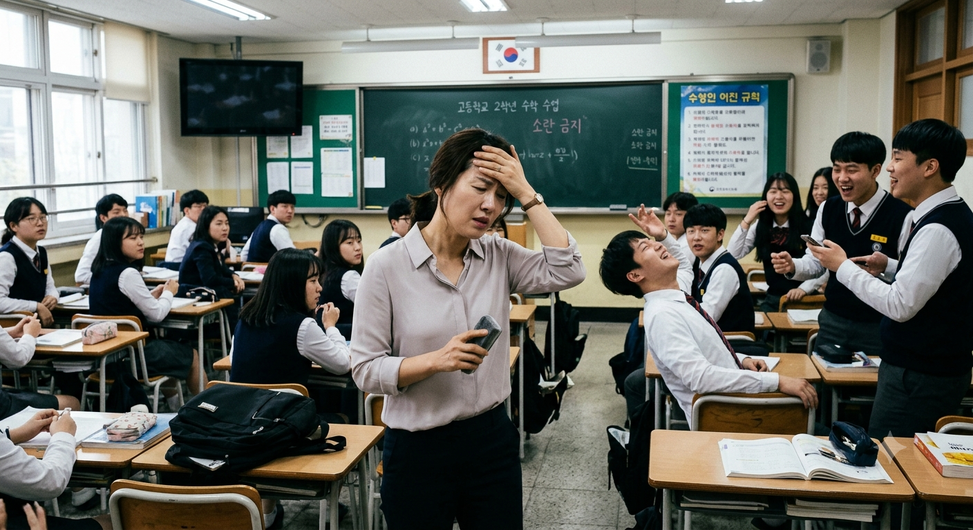 말 안듣는 친구들로 인해 공부하는 학생들이 피해를 보며 선생님 또한 힘들어하는 모습