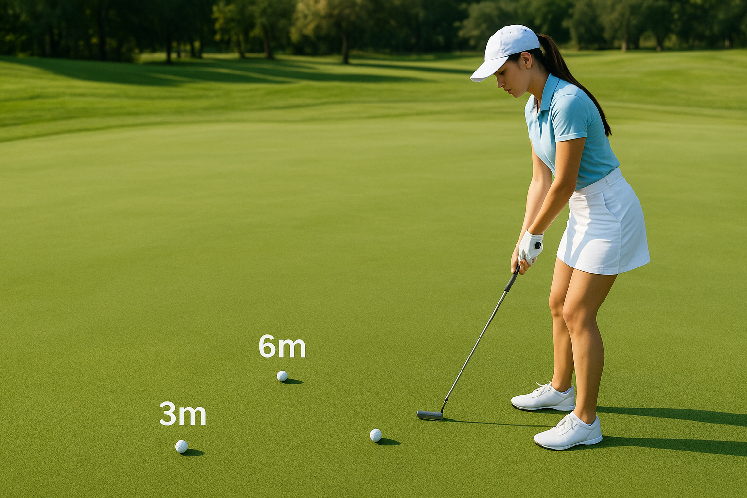 여자 골퍼가 퍼터 3m, 6m, 9m, 연습퍼팅 하는 모습