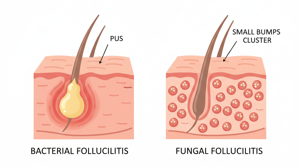 세균성 모낭염과 곰팡이성 모낭염의 특징을 비교하는 일러스트