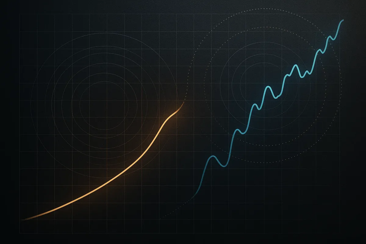 인덱스 ETF와 테마 ETF의 차트 비교 이미지, 상승 곡선과 데이터 시각화가 포함된 전문적인 금융 분석 이미지