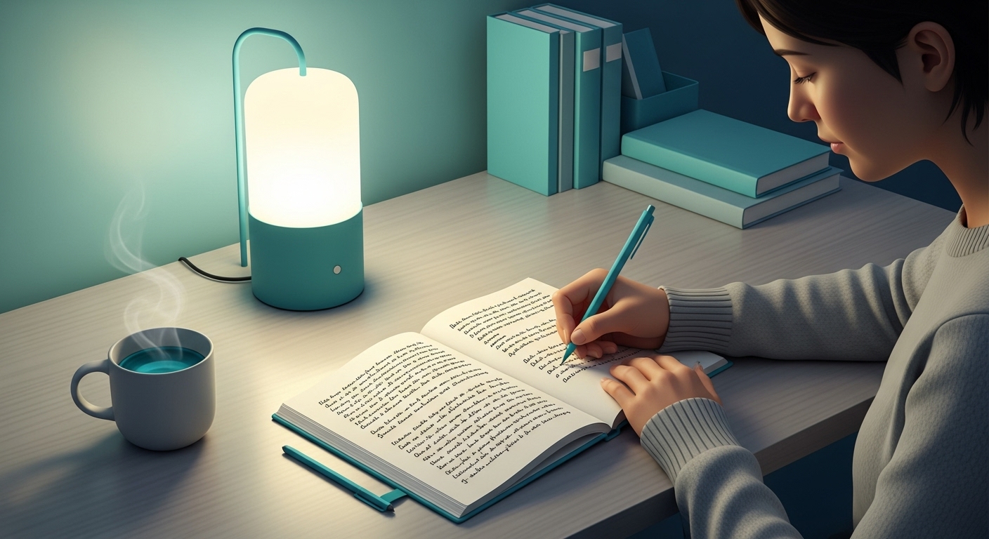 책상에 앉아 차분하게 불안 일지를 작성하며 자신의 감정을 기록하는 사람