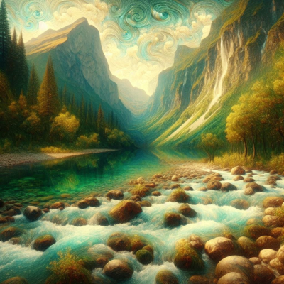 푸르른 숲과 흐르는 물이 아름다운 자연을 이루고 있는 풍경.