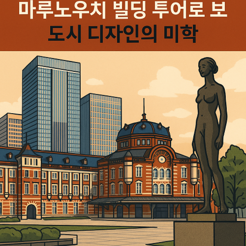 붉은 벽돌 도쿄역과 현대 고층 건물들을 배경으로, 마루노우치 광장에 서 있는 고전 조각상이 도시 미학과 건축의 조화를 상징적으로 보여주는 일러스트