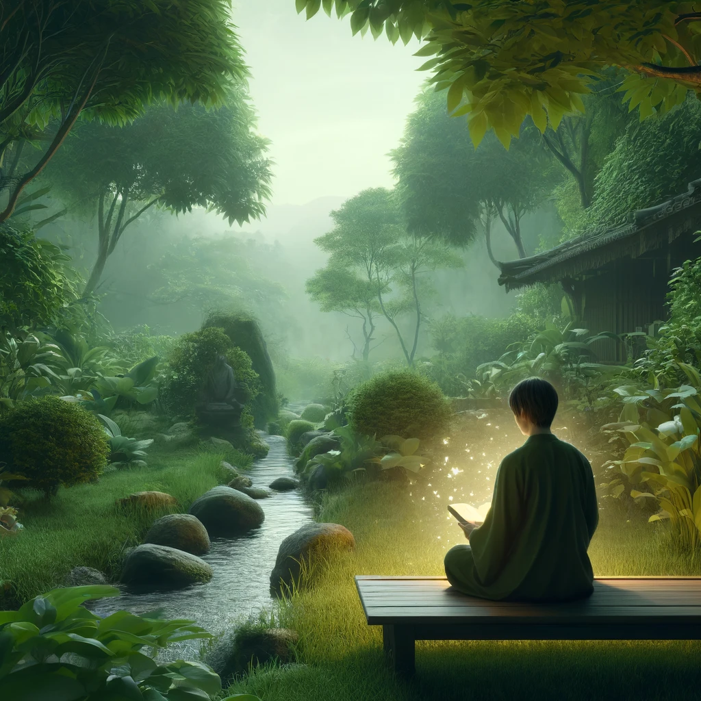 Here is the image depicting a peaceful scene of a person meditating and reading in a serene garden, reflecting a life lived in the truth of spiritual teachings.