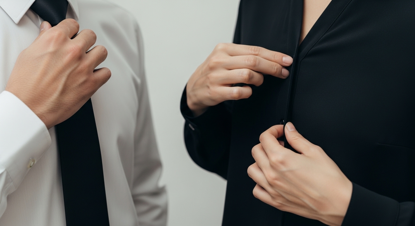 봄/가을 조문 시 단정하게 옷매무새를 가다듬는 남녀의 손, 검은 넥타이와 블라우스 디테일
