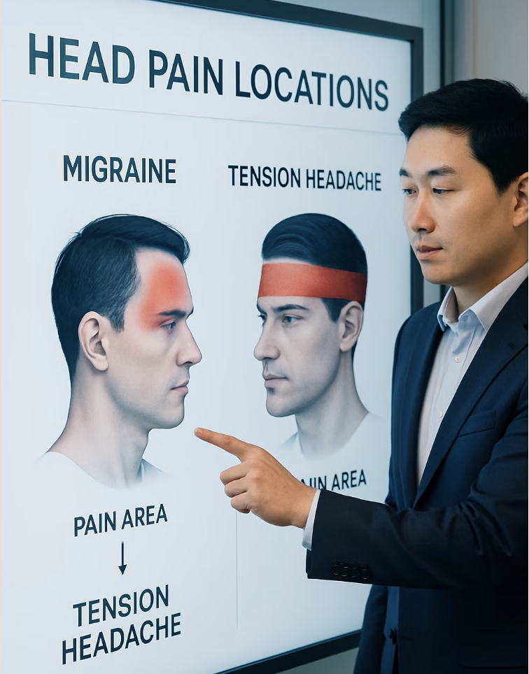 결정적 차이 2: 한쪽 머리가 쿵쿵 울린다 vs 뒷머리부터 조여온다