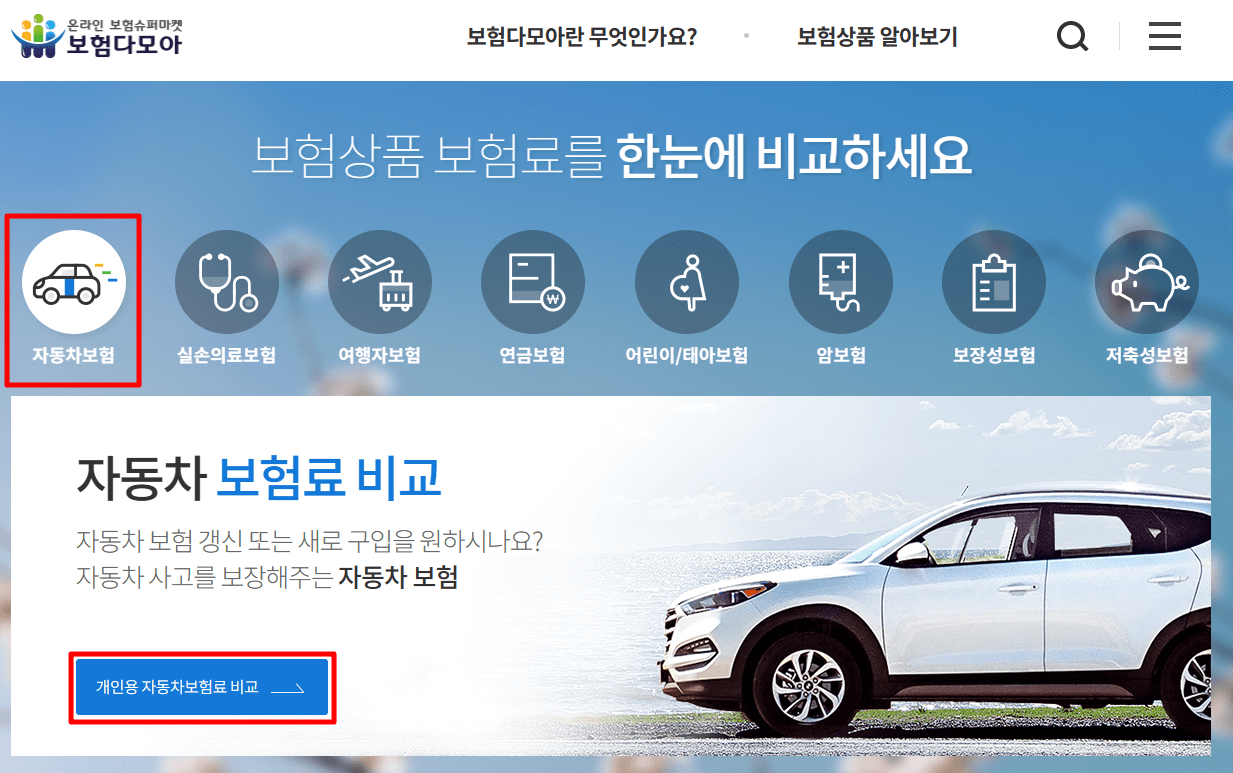자동차보험 견적 비교 사이트 정보입력창 사진