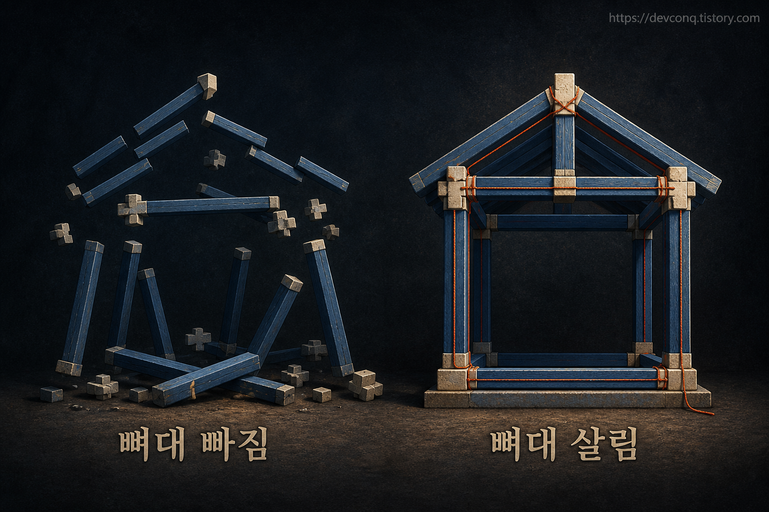 같은 문장이 조사와 어미가 빠진 형태와 온전한 형태로 나란히 놓인 비교 화면