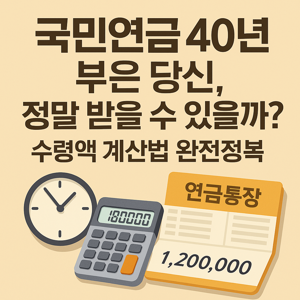 국민연금 40년 납부, 수령액 계산법’ 문구와 시계·계산기 아이콘, 연금 통장 이미지가 조화된 인포그래픽 풍 썸네일.