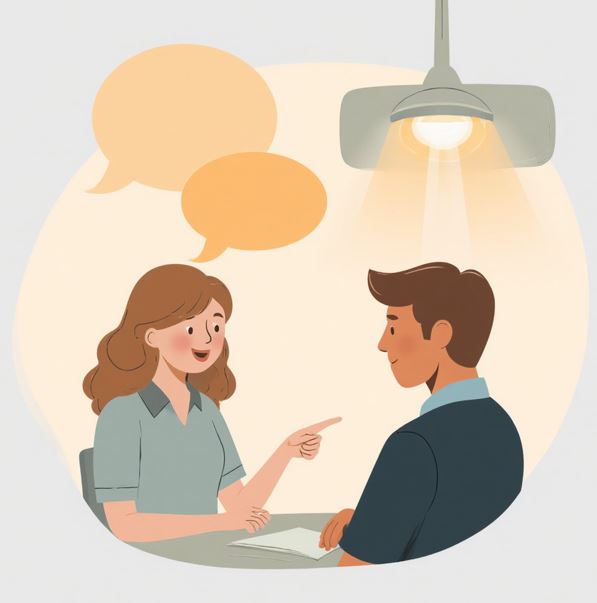 여성은 말하고 있고 반대편에 남성은 고개를 끄덕이며 경청하는 모습을 보이고 있다.