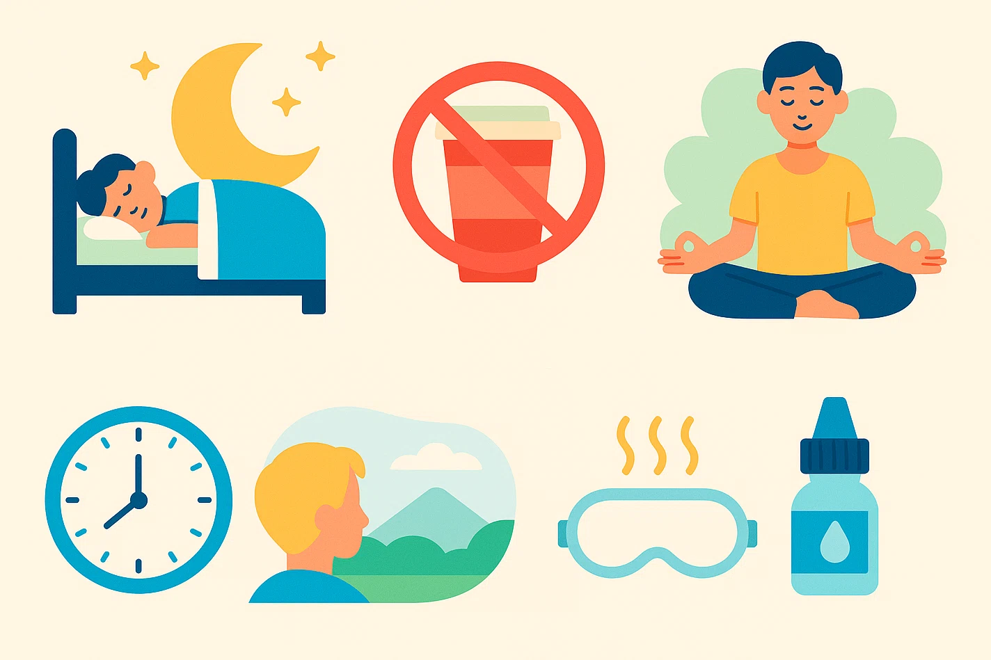 눈꺼풀 떨림 예방법, 숙면, 카페인 줄이기, 스트레스 완화, 20-20-20 법칙, 눈 온찜질&middot;인공눈물