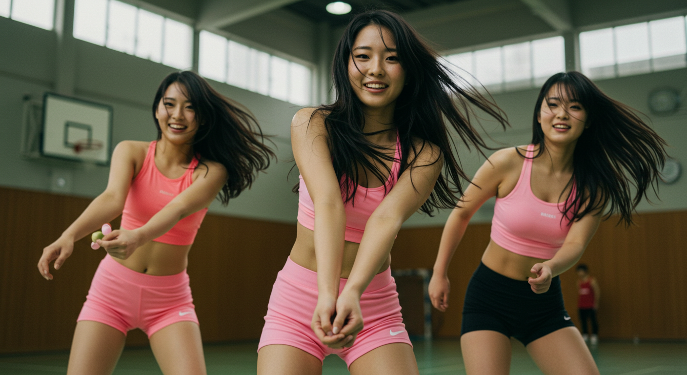 배구 포즈를 잡고있는 일본 여성들