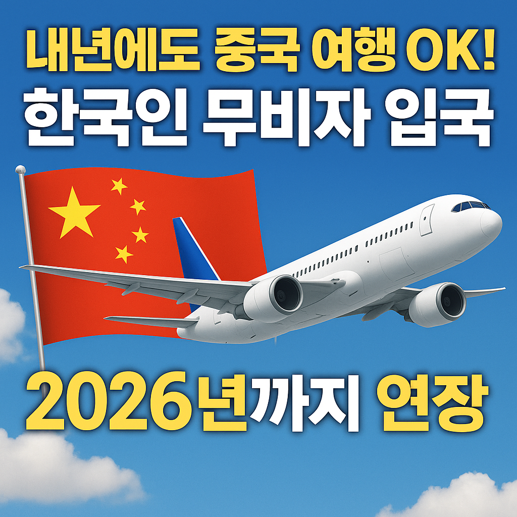 중국의 무비자 정책이 2026년까지 연장되었음을 알리는 비행기와 중국 국기가 포함된 안내 썸네일 이미지