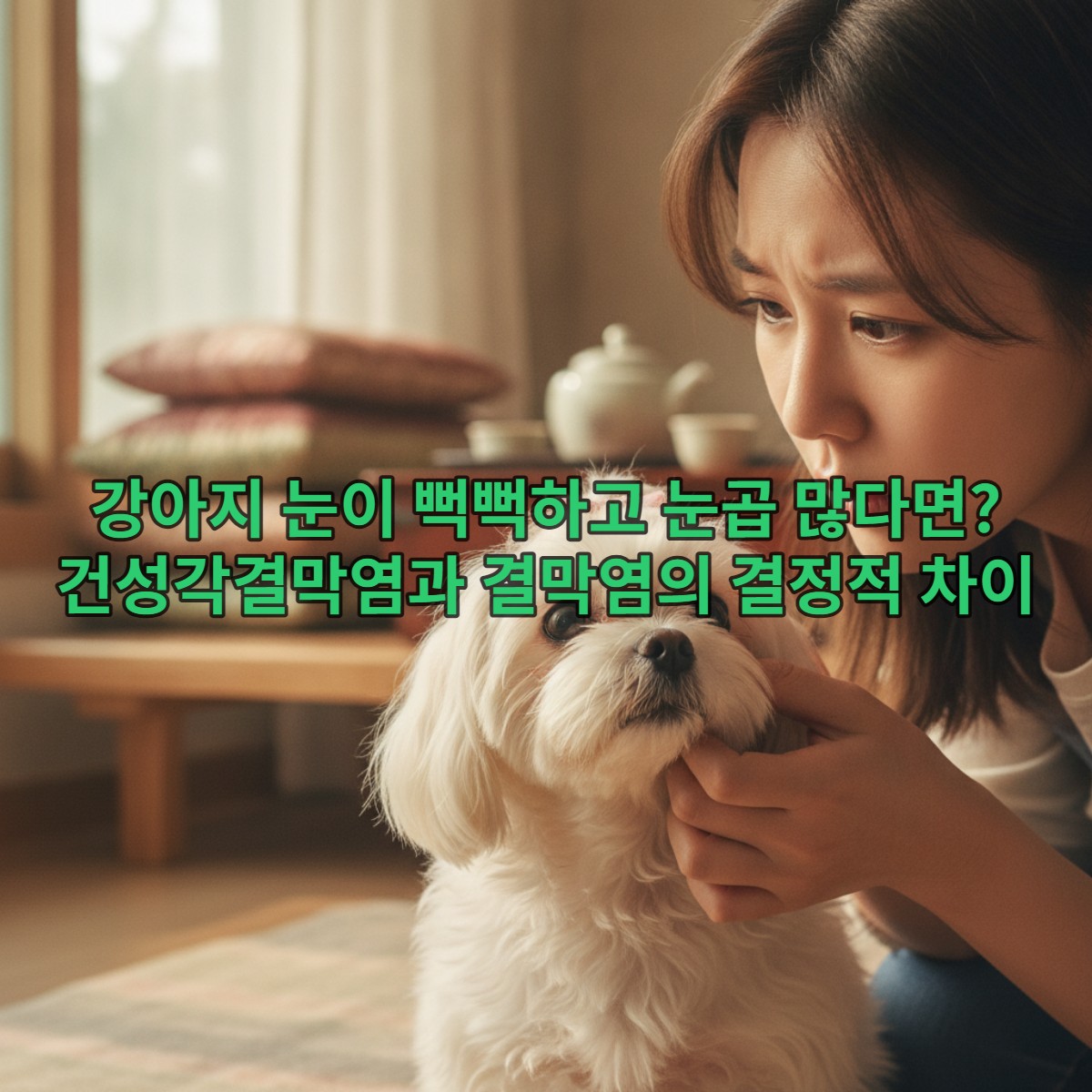 강아지 눈을 걱정스럽게 살펴보는 보호자의 손과 강아지 얼굴. 강아지의 눈에 눈곱이 약간 껴있습니다.