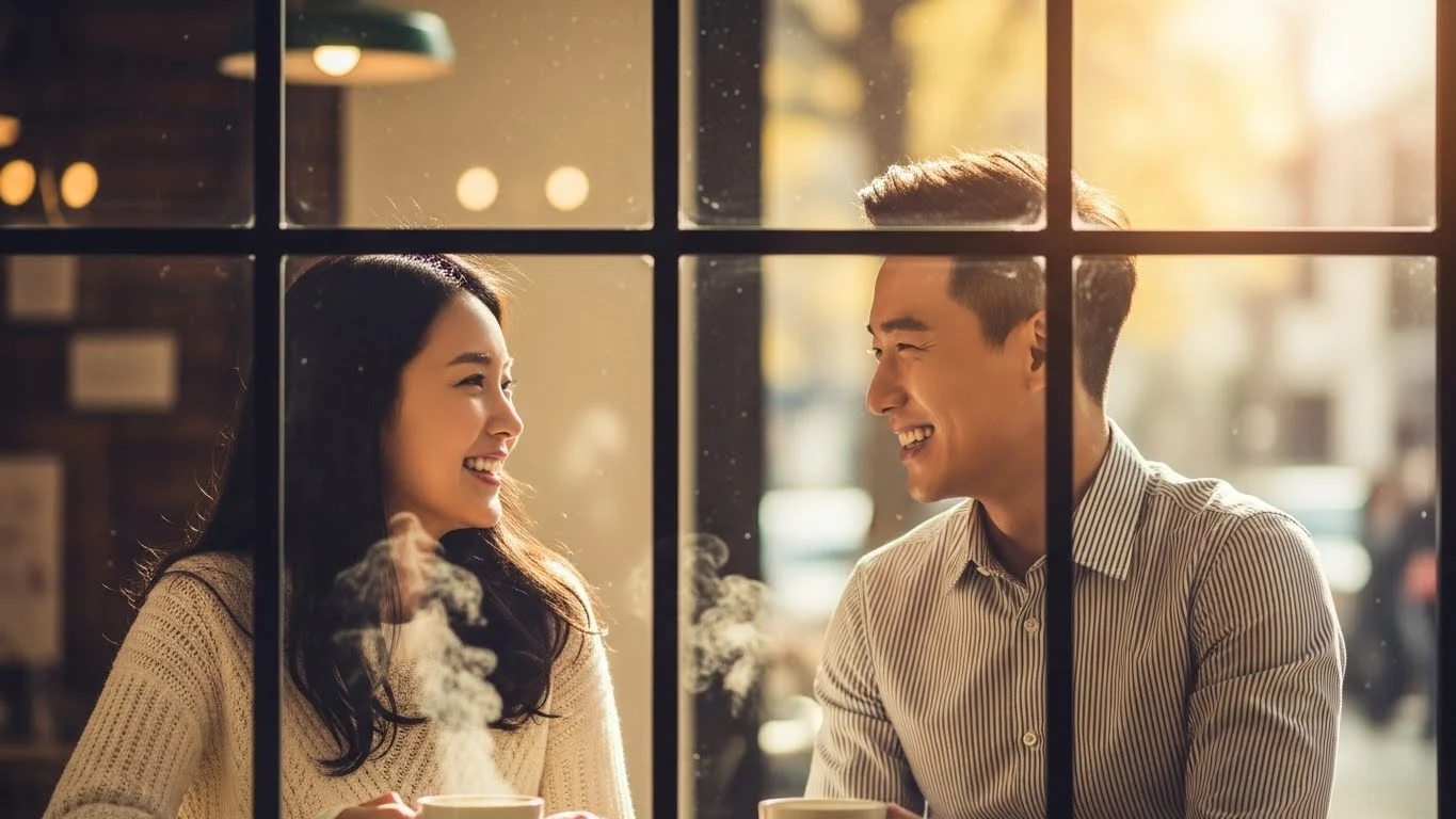 카페 창가에서 서로를 바라보며 미소 짓는 커플 이미지
