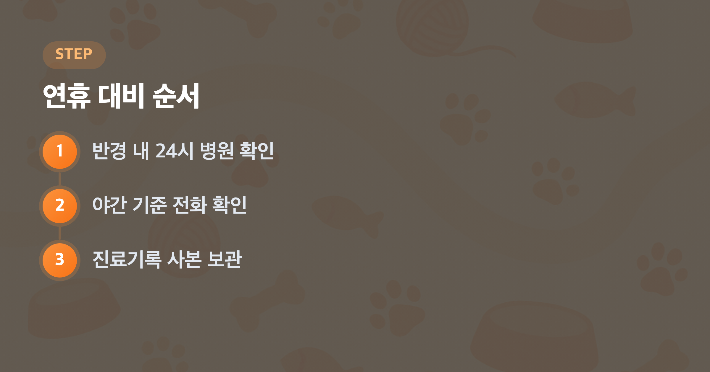 연휴 대비 순서: 반경 내 24시 병원 확인, 야간 기준 전화 확인, 진료기록 사본 보관