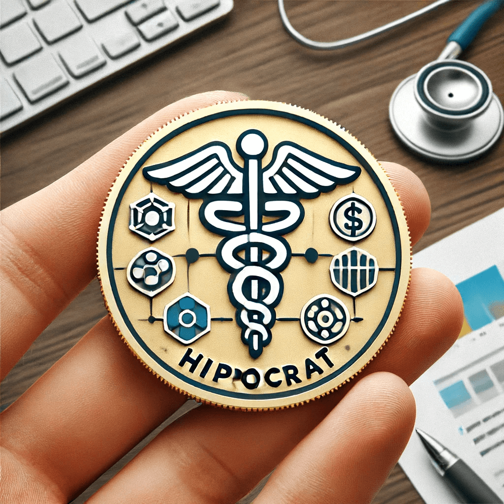 히포크랏 코인의 로고 컴퓨터 책상에 로고가 세겨진 코인모양을 들고있는 손모양