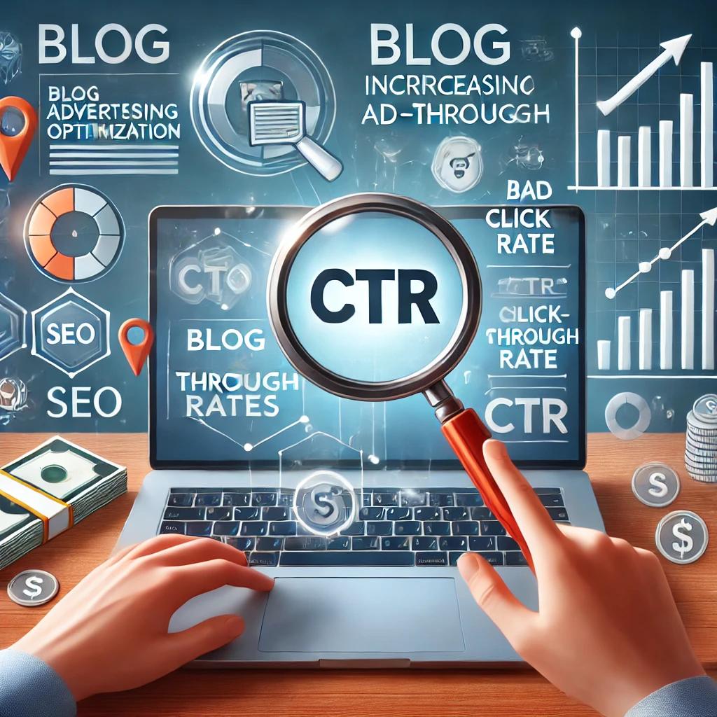 노트북 화면에 "CTR" 문구가 떠 있고, 그것을 돋보기로 확대하는 그림