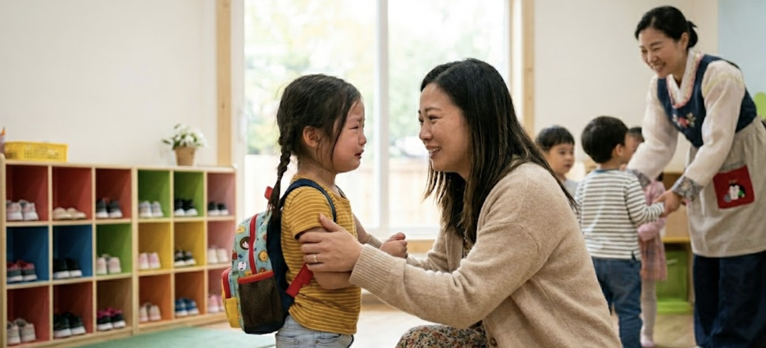 유치원 등원 첫날 분리불안을 겪는 아이와 이를 따뜻하게 격려하며 인사하는 엄마의 모습. 올바른 분리 방법과 적응 원칙을 상징하는 이미지