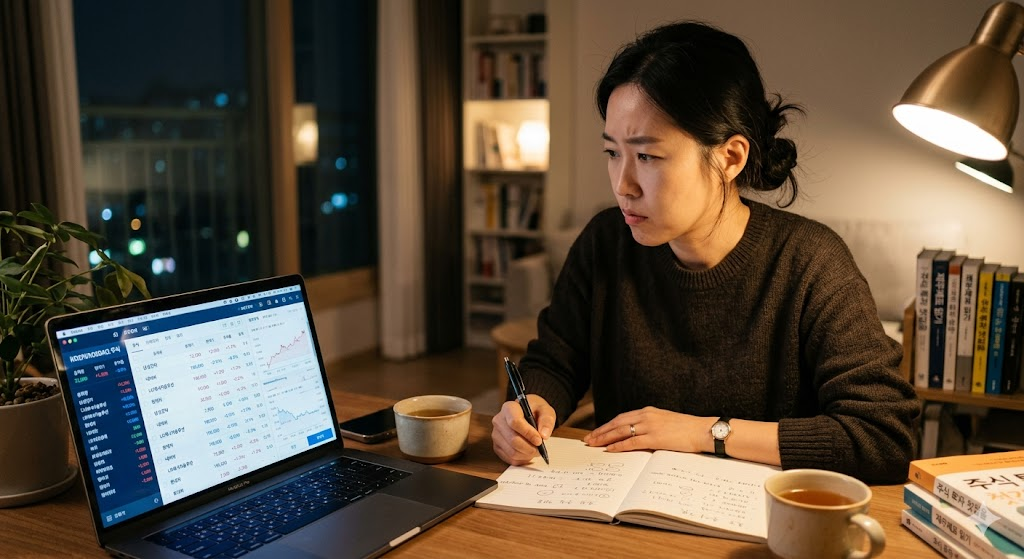 30대 후반 직장인 여성이 저녁에 집 책상 앞에 앉아 노트북 화면으로 주식 앱을 보고 있는 장면.
화면에는 종목 목록이 펼쳐져 있고, 여성은 볼펜을 손에 들고 노트에 무언가를 적으려는 자세다.
표정은 진지하고 약간 고민스러워 보인다.
주식 초보자가 처음 종목을 고르는 상황을 나타내는 이미지로, 글 도입부에 배치할 이미지.