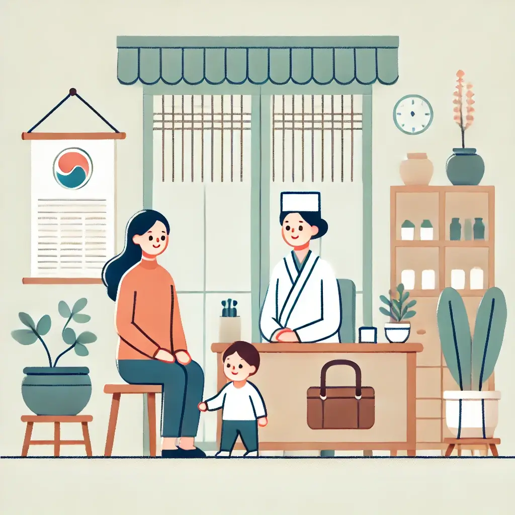 한방병원을 방문한 엄마와 아이의 모습.