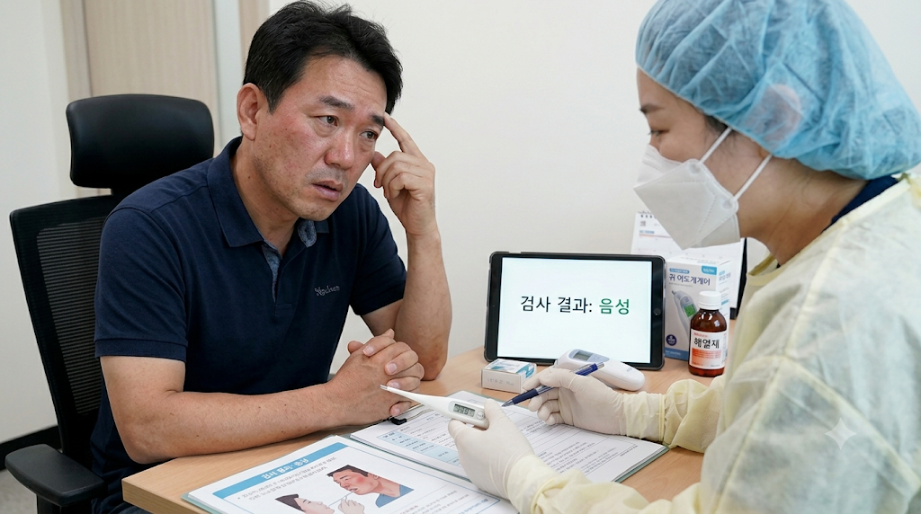 독감 검사 결과가 음성으로 나왔지만 계속 열이 있어 의료진과 상담하는 모습