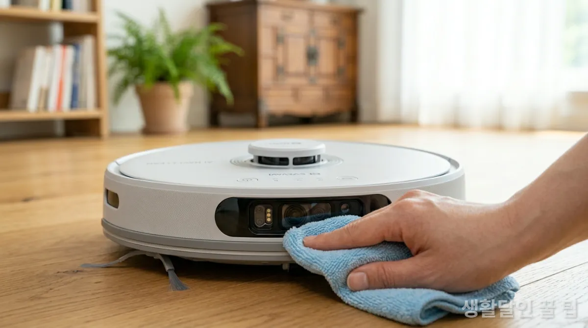 손으로 로봇청소기의 센서를 부드럽게 닦는 모습