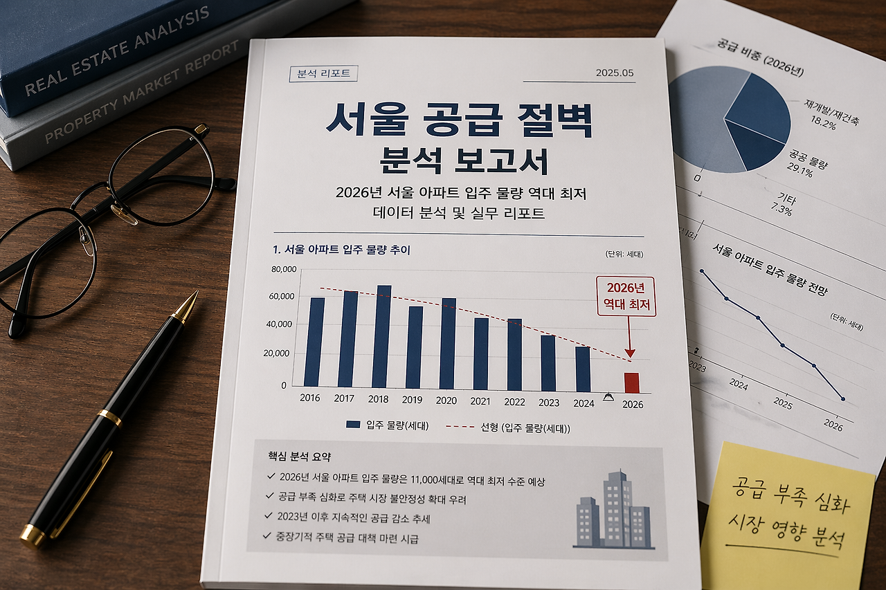 서울의 아파트 공급 부족을 보여주는 보고서로서 입주물량이 역대최저임을 알수있게 해주는 이미지입니다.