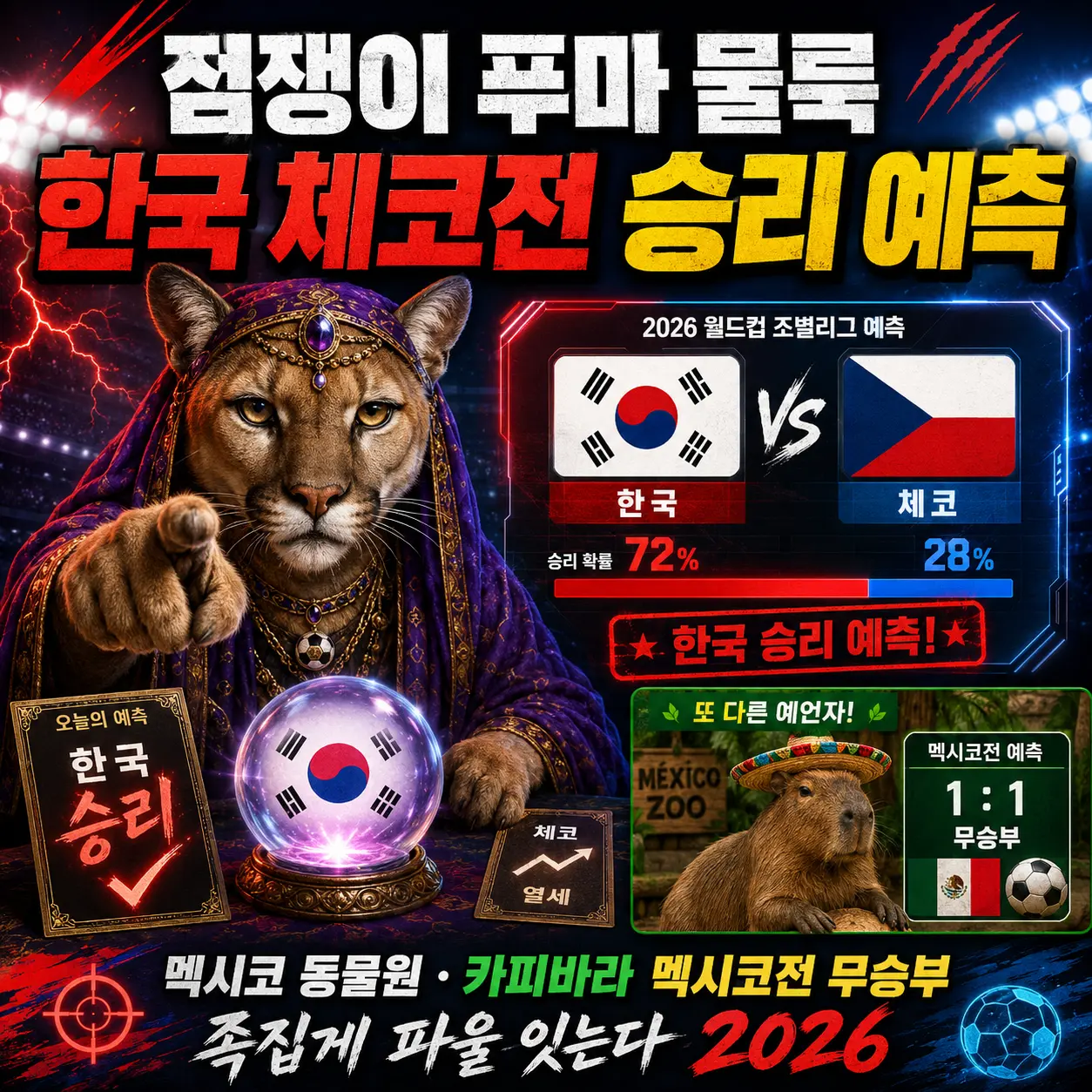 점쟁이 푸마 물룩 한국 체코전 승리 예측 — 멕시코 동물원·카피바라 멕시코전 무승부·족집게 파울 잇는다 2026