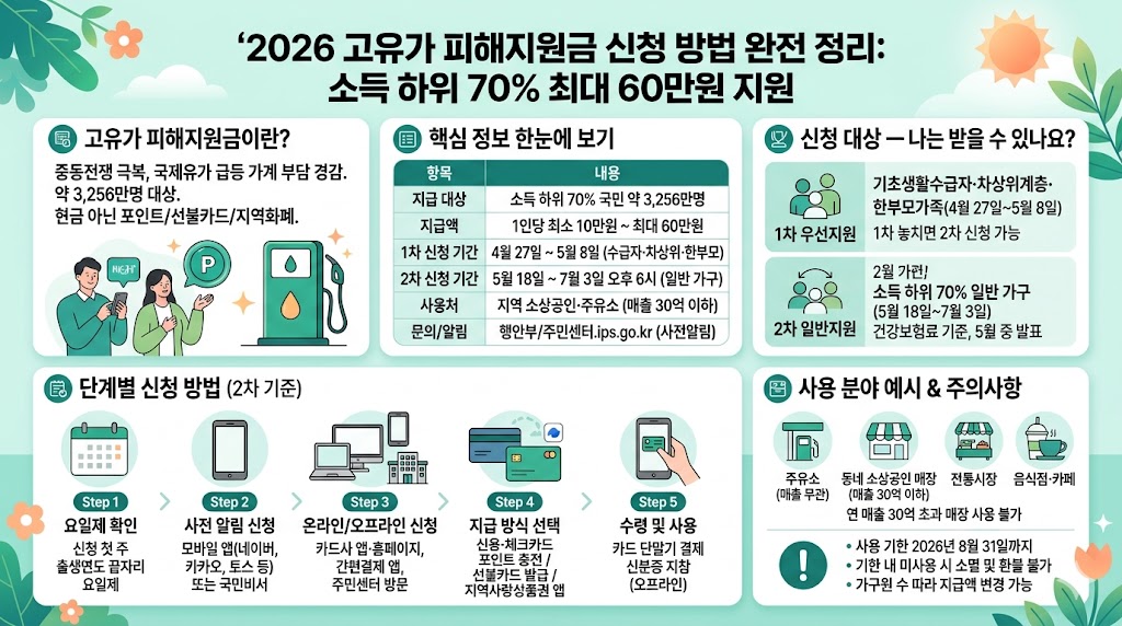 2026 고유가 피해지원금 신청 방법 완전 정리: 소득 하위 70% 최대 60만원 지원'이라는 제목의 종합 인포그래픽. 상단 왼쪽에는 '고유가 피해지원금이란?' 질문과 함께 중동전쟁 극복, 국제유가 급등 가계 부담 경감, 약 3,256만명 대상, 현금 아닌 포인트/선불카드/지역화폐 지급 정보를 스마트폰과 주유기 일러스트와 함께 설명합니다. 상단 중앙은 '핵심 정보 한눈에 보기'로 지급 대상(소득 하위 70%), 지급액(1인당 최소 10만원 ~ 최대 60만원), 1차 신청 기간(4월 27일 ~ 5월 8일), 2차 신청 기간(5월 18일 ~ 7월 3일), 사용처(지역 소상공인&middot;주유소), 문의/알림(행안부/주민센터, ips.go.kr) 정보가 담긴 표가 있습니다. 상단 오른쪽은 '신청 대상 &mdash; 나는 받을 수 있나요?'로 기초생활수급자&middot;차상위계층&middot;한부모가족의 1차 우선지원과 소득 하위 70% 일반 가구의 2차 일반지원을 아이콘과 함께 구분합니다. 하단 왼쪽은 '단계별 신청 방법(2차 기준)'으로 요일제 확인, 사전 알림 신청, 온라인/오프라인 신청, 지급 방식 선택, 수령 및 사용의 5단계를 아이콘과 함께 설명합니다. 하단 오른쪽은 '사용 분야 예시 &amp; 주의사항'으로 주유소(매출 무관), 동네 소상공인 매장, 전통시장, 음식점&middot;카페 등 사용 분야 예시(연 매출 30억 초과 매장 사용 불가)와 함께 사용 기한 2026년 8월 31일까지, 미사용 시 소멸 및 환불 불가, 가구원 수 따라 지급액 변경 가능 등의 주의사항을 안내합니다.