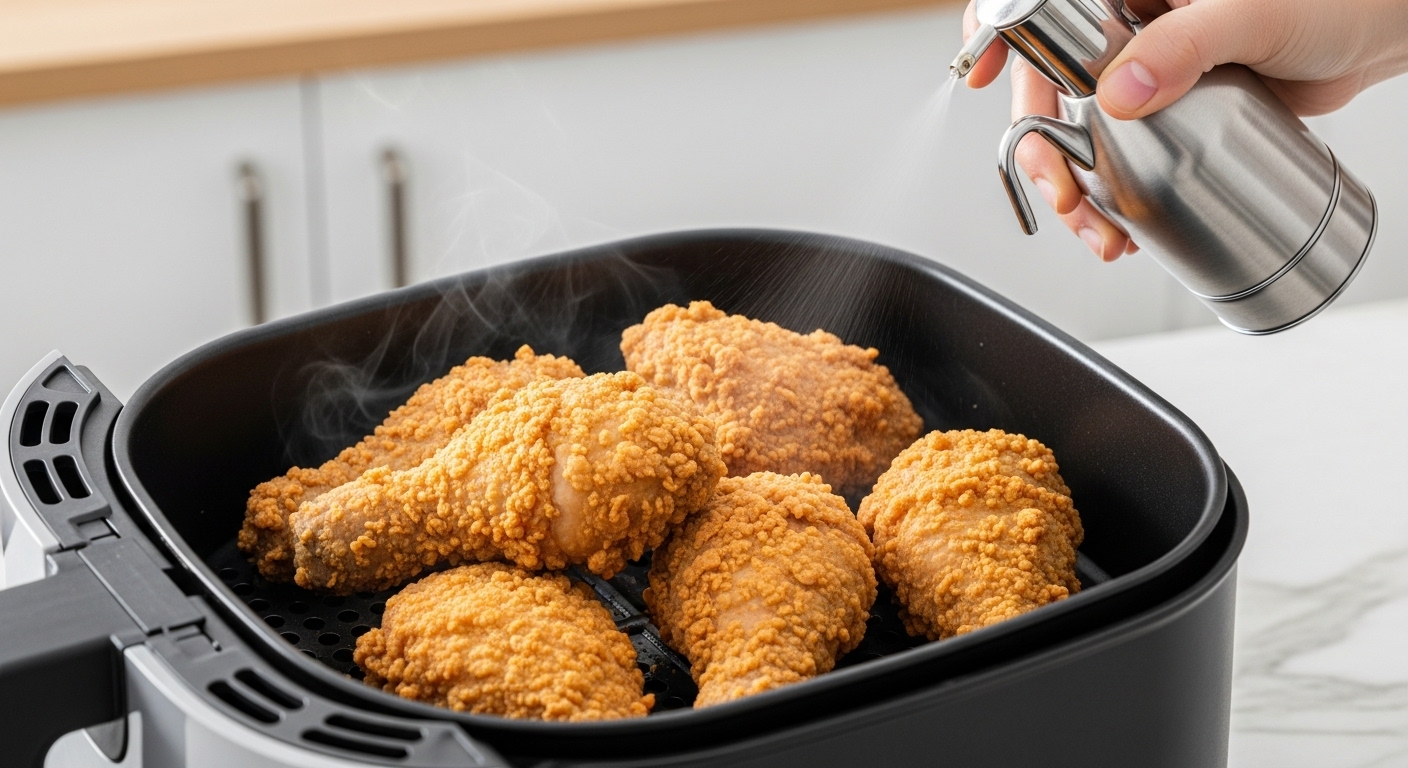 에어프라이어 바스켓에 기름을 살짝 뿌려 데워지고 있는 바삭한 후라이드 치킨 조각들.