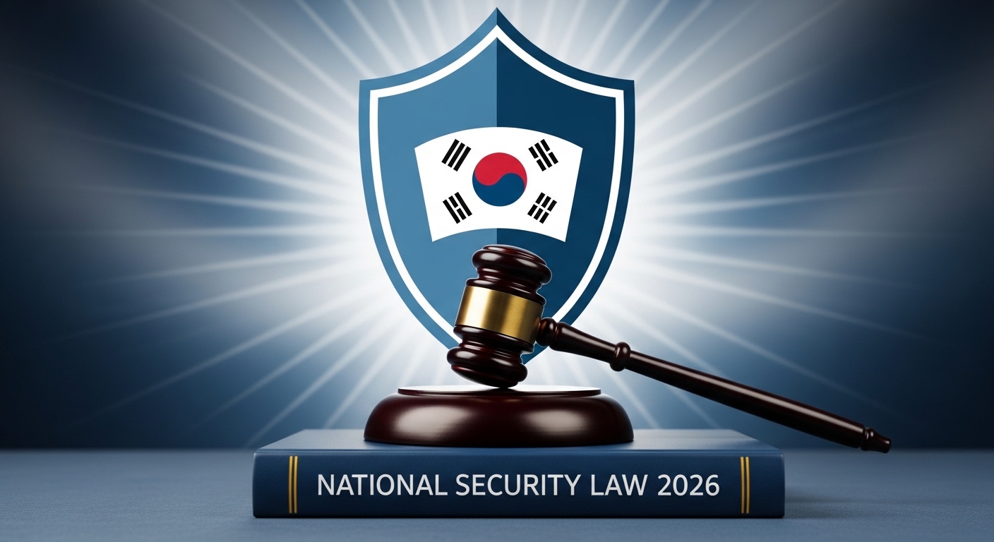 2026년 법 개정으로 설치된 내란전담재판부의 전문성과 국가 안보의 중요성을 상징하는 이미지. 굳건히 놓인 법봉과 국가안보 법률책, 그리고 한국적 문양이 가미된 방패가 조화를 이룹니다.