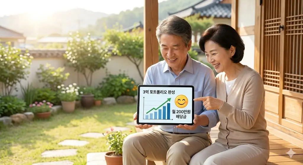 따뜻한 햇살이 드는 나주 시내 발코니에서 여유롭게 커피를 마시는 50대 은퇴 부부의 행복한 모습