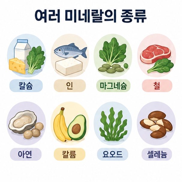 칼슘과 인, 마그네슘, 철, 아연, 칼륨, 요오드, 셀레늄 등 다양한 미네랄 종류를 식품과 함께 보여주는 이미지