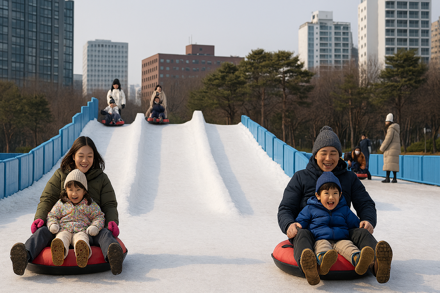 도심 공원형 눈썰매장, 가족 단위로 썰매를 즐기는 모습