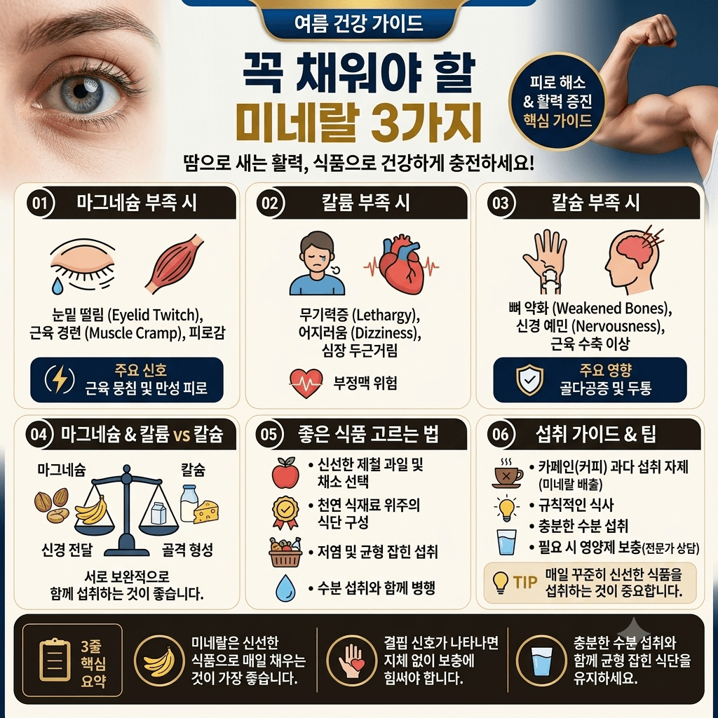 여름 건강 가이드: 땀으로 새는 필수 미네랄 3가지(마그네슘, 칼륨, 칼슘) 결핍 신호, 추천 식품 및 섭취 가이드 인포그래픽