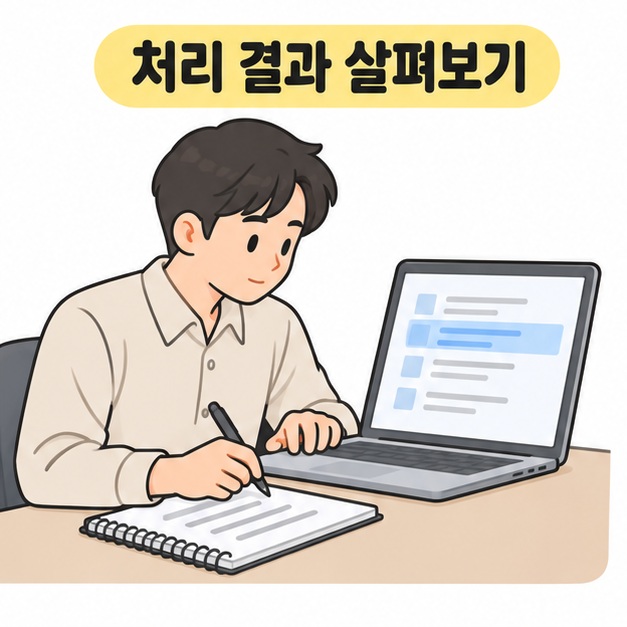 처리 결과 살펴보기 제목 아래 노트북의 선택된 기록을 확인하며 메모하는 남성