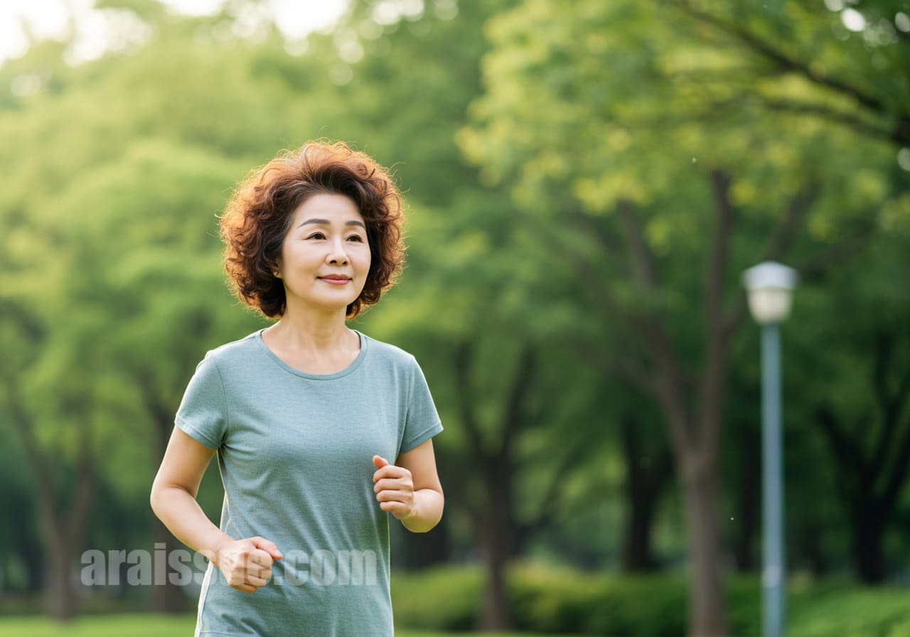 공원에서 자연스럽게 조깅하고 있는 여성