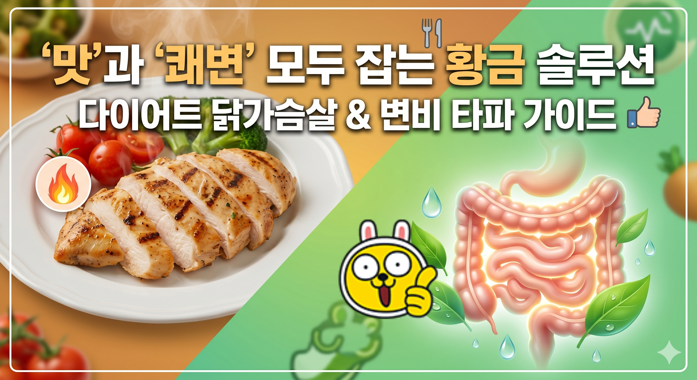 블로그 포스팅 '퍽퍽함에 포기했던 닭가슴살 다이어트, 맛과 쾌변 모두 잡는 황금 솔루션'의 대표 썸네일 이미지입니다. 

이미지는 현대적인 오렌지색과 녹색 그라데이션 배경의 카드뉴스 스타일로, 크게 두 부분으로 나뉩니다. 왼쪽에는 먹음직스럽고 촉촉하게 육즙이 살아있는 구운 닭가슴살 슬라이스가 허브와 함께 미식가 접시에 담겨 있습니다. 오른쪽에는 깨끗하고 빛나는 초록색 잎사귀와 물방울이 곁들여진 건강한 장(腸)의 아이콘이 예술적으로 표현되어 있습니다.

이미지 상단에는 크고 대담한 흰색 고딕체 한글로 "'맛'과 '쾌변' 모두 잡는 황금 솔루션"이라는 제목이 적혀 있으며, 그 아래로 "다이어트 닭가슴살 &amp; 변비 타파 가이드"라는 소제목이 이어집니다. 전체적으로 식욕을 돋우는 닭가슴살의 질감과 건강하고 가벼운 장의 이미지를 동시에 시각화하여 포스팅의 핵심 내용을 직관적으로 전달하고 있습니다.