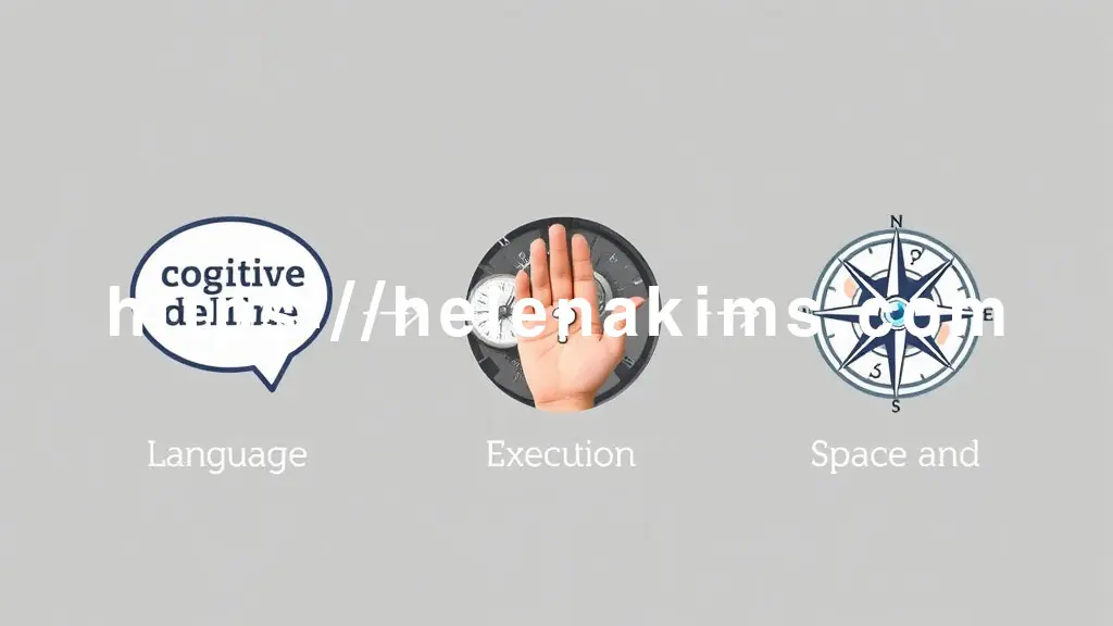 밝은 회색 배경 위에 인지 기능 저하를 상징하는 세 가지 아이콘이 명확히 배열됩니다. 물음표나 '그것' 등 불확실한 단어로 채워진 대화 말풍선, 복잡한 순서도나 기계 다이얼 앞에서 당황하는 손, 방향을 잃은 나침반과 흐릿해진 지도 조각의 이미지.