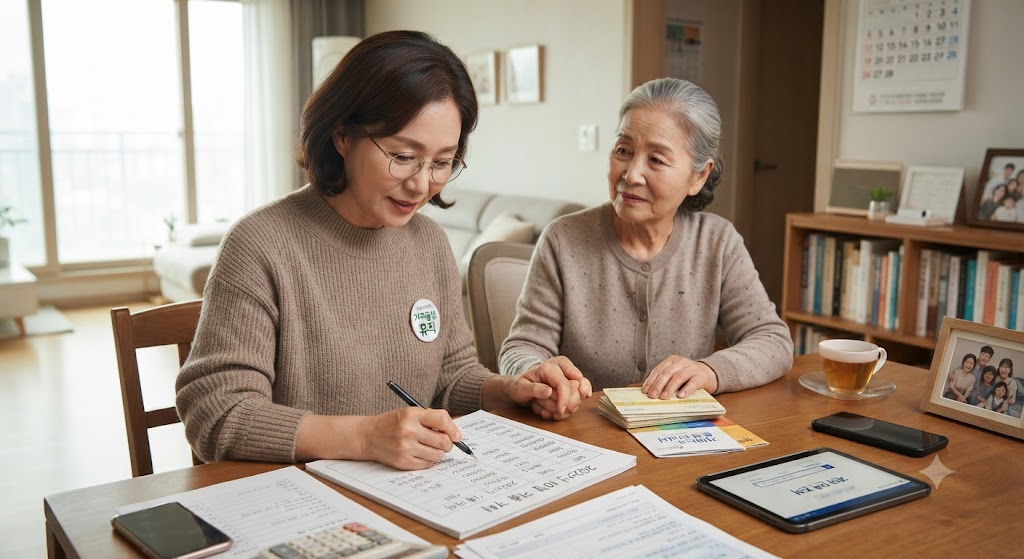 치매할머니를 대신해서 지출계획을 세우는 모습